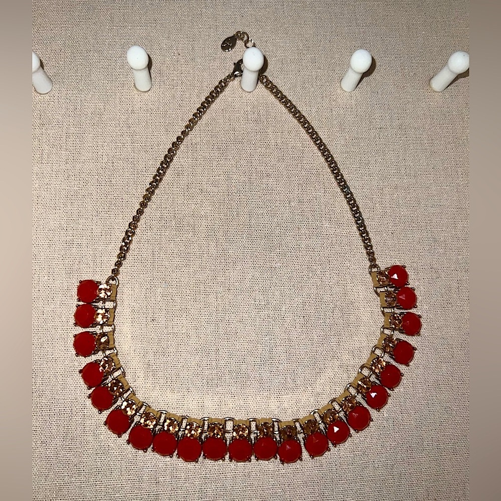Gold-tone Crystal Bead Chain Necklace with Large Red Pendants
